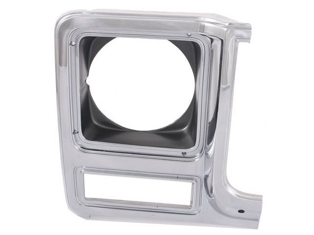 BEZEL, Head Light, w/ round light opening, RH, chrome finish w/ black accent around light opening, plastic, repro