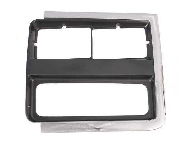 BEZEL, Head Light, w/ rectangular light opening, LH, chrome finish w/ dark argent accents, w/o chrome bar between upper and lower openings, plastic, repro