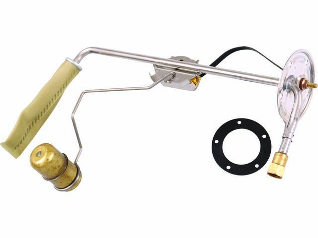 FUEL SENDING UNIT, 5/16 inch O.D. feed line, W/ brass fitting, incl float, gasket, filter sock, 0-30 ohm, Imported repro