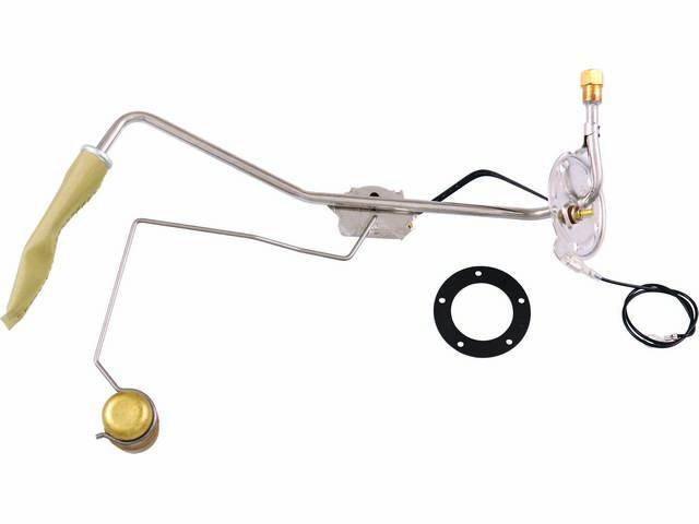 FUEL SENDING UNIT, 5/16 inch O.D. feed line, W/ brass fitting, incl gasket, filter sock, bolt-in design, 0-30 ohm, Imported repro