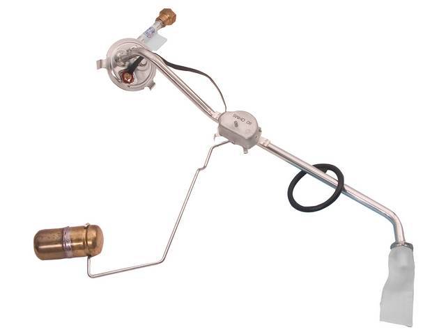 FUEL SENDING UNIT, 3/8 inch O.D. feed line, W/ brass fitting, incl gasket, filter sock and lock ring, 0-90 ohm, Imported repro