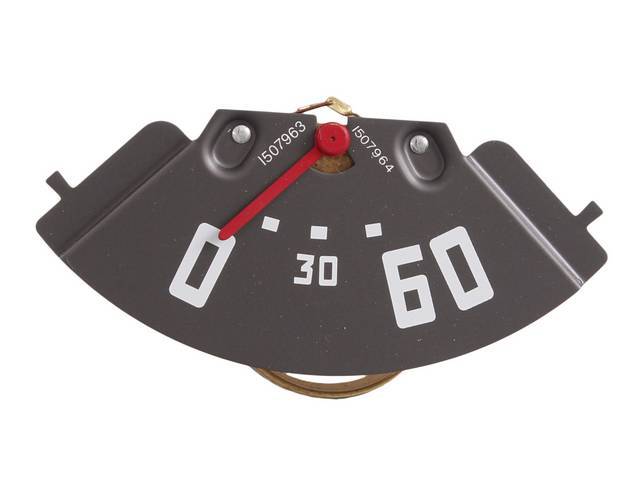 GAUGE, Oil Pressure, 0-60 psi, red pointer w/ white markings, use when converting from a 6 cyl engine to an 8 cyl engine, repro