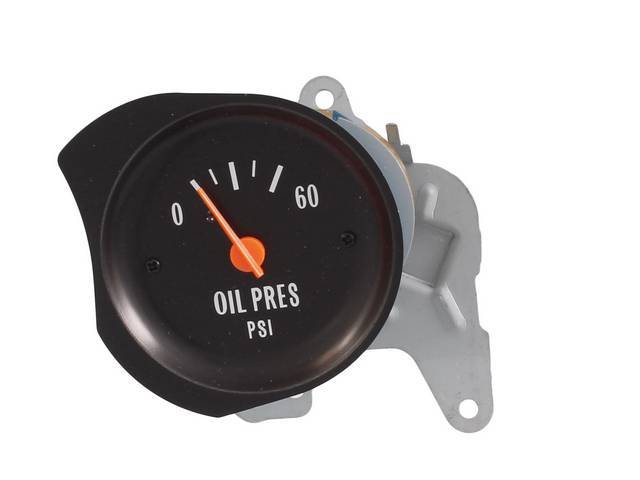 Gauge, Oil Pressure, mechanical, 0-60 psi, orange pointer w/ white markings, reproduction