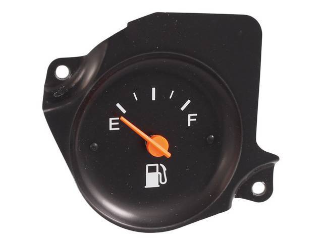 GAUGE, Fuel Quantity, orange pointer w/ white markings between *E* and *F*, w/ regular fuel (gauge has no wording on it), replaces GM p/n 6432842, repro