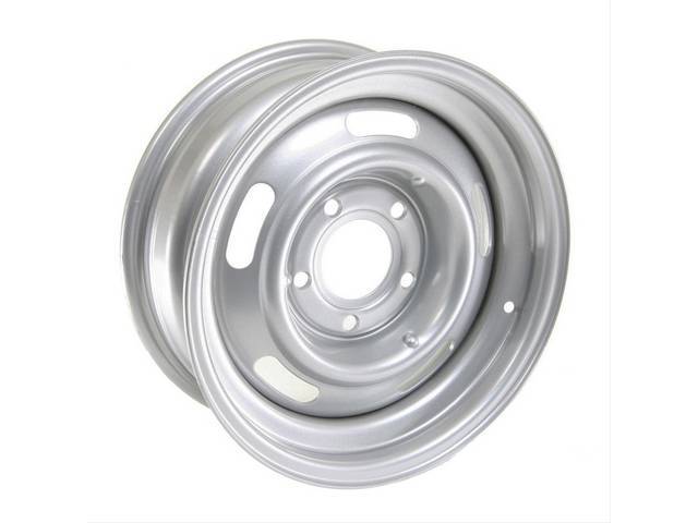 WHEEL, 5 Slot Rally, 15 inch O.D. X 6 inch width, 5 X 5 inch bolt circle, 3 3/4 inch back spacing, metallic silver finish, US-made repro