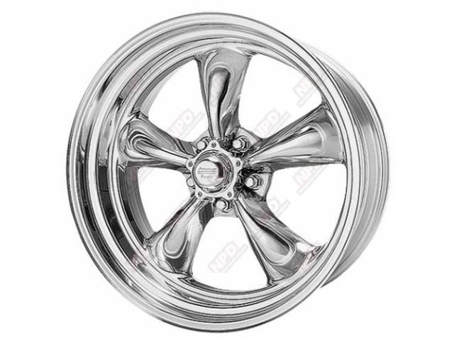 Wheel, Torq Thrust II, one piece Polished Alloy, 15 Inch O.D. X 7 Inch Width, 5 x 5 Inch Bolt Circle, 3 3/4 Inch Back Spacing, Incl Center Cap