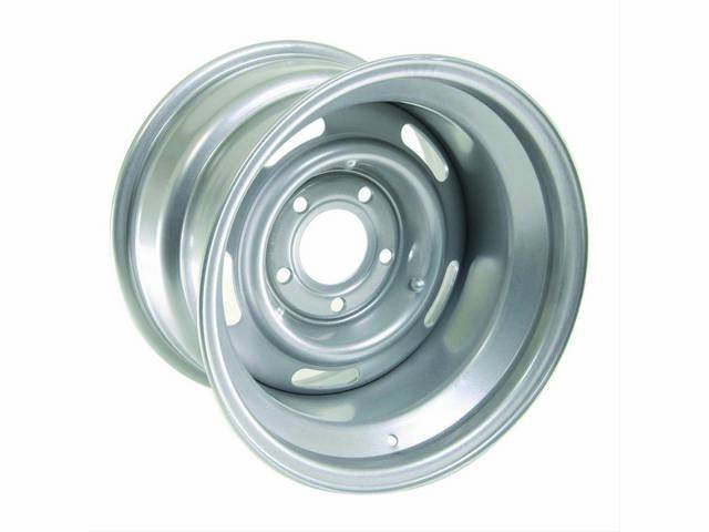 WHEEL, 5 Slot Rally, 15 inch O.D. X 10 inch width, 5 X 5 inch bolt circle, 4 inch back spacing, metallic silver finish, US-made repro