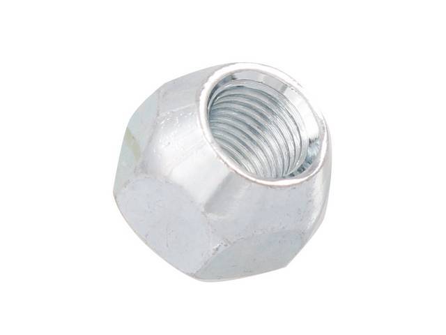 Wheel Lug Nut, Acorn open ended cone seat, 7/16 inch-20 thread, zinc finish, reproduction for (60-86)