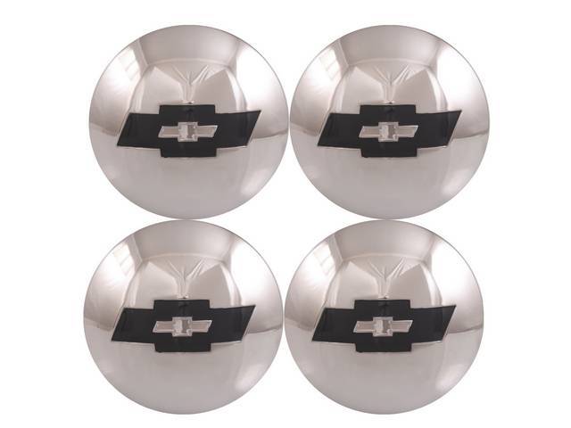 CAP SET, Hub, incl Chevrolet *Bowtie* logo w/ blue accents, polished stainless steel, (4), GM Restoration Parts repro