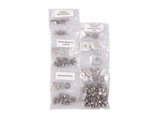FASTENER KIT, Front Sheetmetal, polished stainless finish, features hex head bolts, (147) incl fasteners for fenders, headlight and parking light, hood hinges, hood brace and latch, radiator cover and cowl