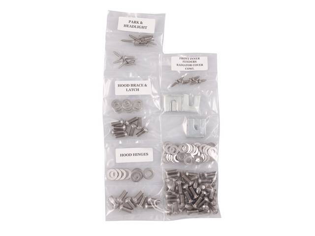 FASTENER KIT, Front Sheetmetal, unpolished stainless finish, features button head allen bolts, (147) incl fasteners for fenders, headlight and parking light, hood hinges, hood brace and latch, radiator cover and cowl