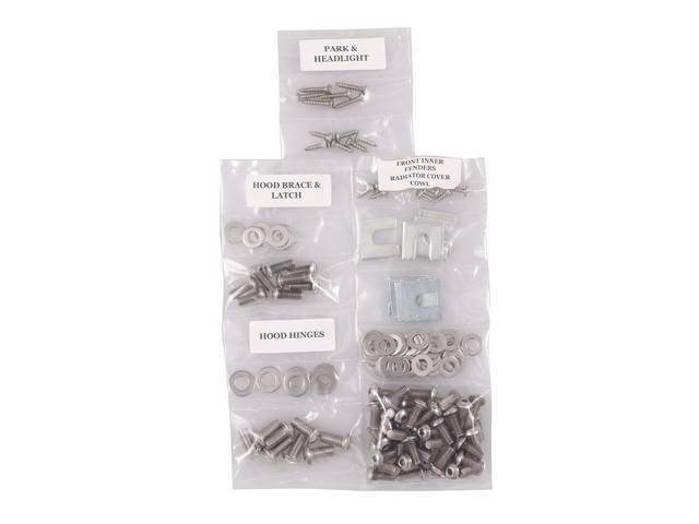 FASTENER KIT, Front Sheetmetal, polished stainless finish, features button head allen bolts, (147) incl fasteners for fenders, headlight and parking light, hood hinges, hood brace and latch, radiator cover and cowl