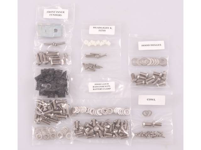 FASTENER KIT, Front Sheetmetal, unpolished stainless steel, features button head allen bolts, (222) incl fasteners for fenders, cowl panel, headlight bezel, battery clamp, hood hinges, hood latch and radiator core support