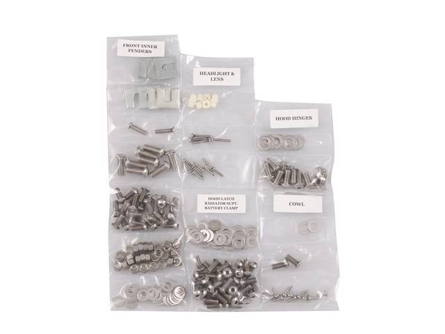 FASTENER KIT, Front Sheetmetal, polished stainless steel, features button head allen bolts, (222) incl fasteners for fenders, cowl panel, headlight bezel, battery clamp, hood hinges, hood latch and radiator core support