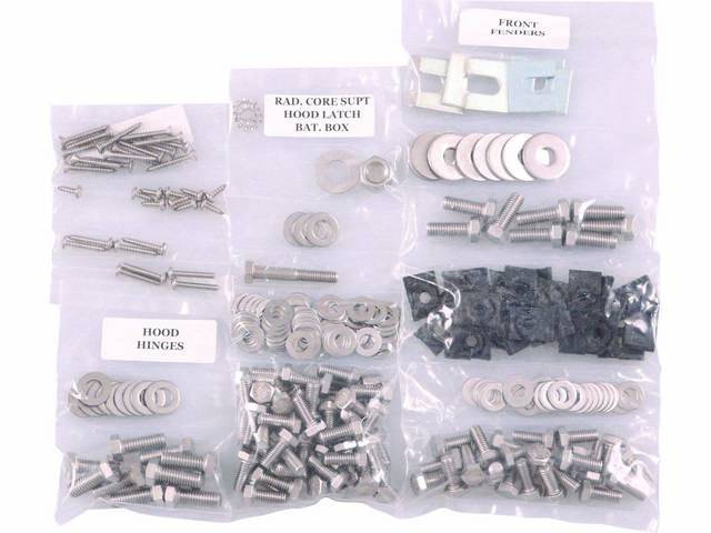 FASTENER KIT, Front Sheetmetal, unpolished stainless steel, features hex head bolts, (240) incl fasteners for fenders, battery box, grille and lights, hood hinges, hood latch and radiator core support