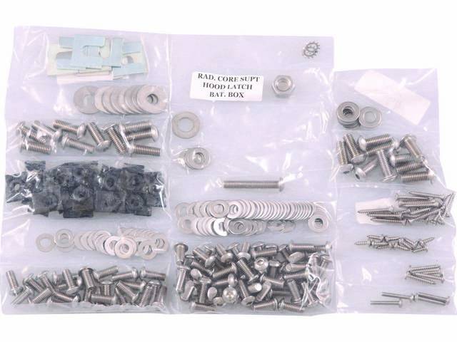 FASTENER KIT, Front Sheetmetal, unpolished stainless steel, features button head allen bolts, (240) incl fasteners for fenders, battery box, grille and lights, hood hinges, hood latch and radiator core support