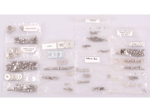 FASTENER KIT, Front Sheetmetal, unpolished stainless steel, features hex head bolts, (240) incl fasteners for fenders, inner fenders, battery box, cowl panel, grille and lights, hood hinges, hood latch and radiator core support