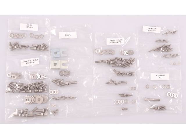 FASTENER KIT, Front Sheetmetal, unpolished stainless steel, features button head allen bolts, (240) incl fasteners for fenders, inner fenders, battery box, cowl panel, grille and lights, hood hinges, hood latch and radiator core support