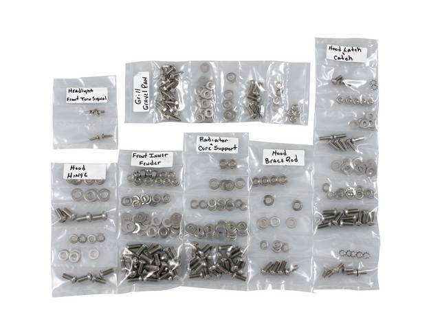 FASTENER KIT, Front Sheetmetal, unpolished stainless steel, features button head allen bolts, (309) incl fasteners for fenders, grille and gravel pan, headlight front signal, hood hinges, hood latch and catch, hood brace rod, and radiator core support