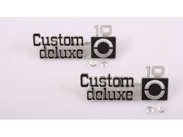 Front Fender Emblems, *CUSTOM DELUXE 10*, Pair, Includes fasteners, GM Licensed Restoration Part for (75-80)