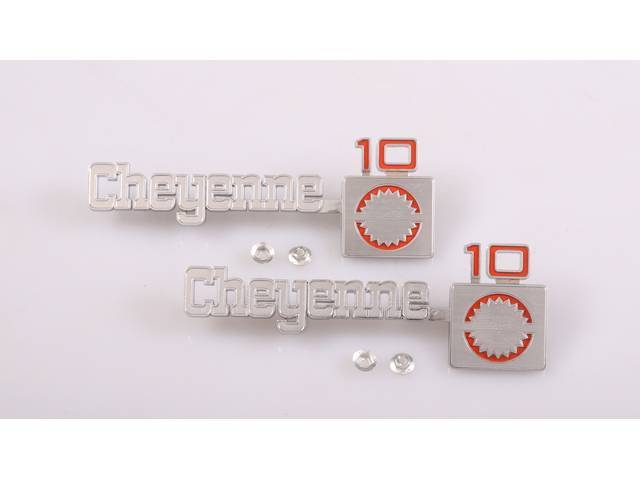 Front Fender Emblems, *CHEYENNE  10*, Pair, Includes fasteners, GM Licensed Restoration Part for (75-80)