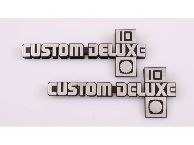 Front Fender Emblems, **CUSTOM DELUXE 10*, Includes fasteners, GM Licensed Restoration Part for (81-87)