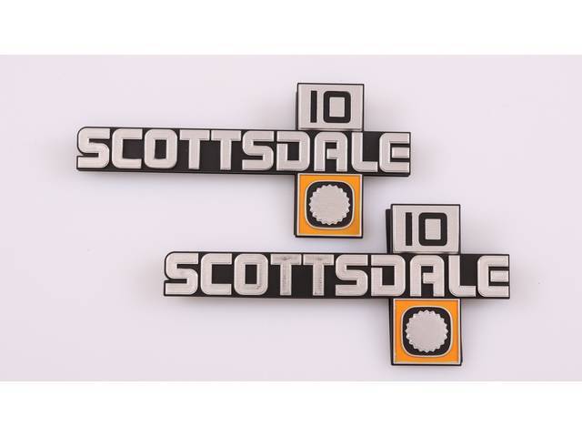 EMBLEM SET, Fender, Front, *SCOTTSDALE 10*, Injection molded plastic, chrome plated and painted w/ colored accents like OE, Incl fasteners, US-made repro