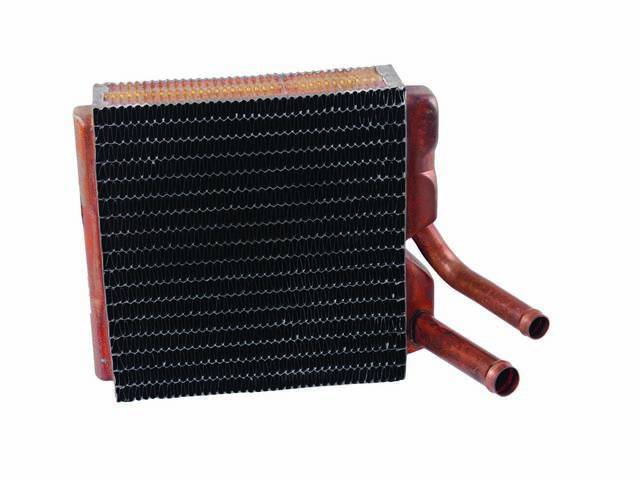 Heater Core, Copper / Brass, 7 1/8 x 7 1/2 x 2 core size, 5/8 inch inlet, 3/4 inch outlet, Reproduction for (73-87)