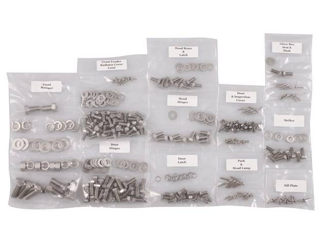 FASTENER KIT, Cab, unpolished stainless steel, features hex head bolts, (318) incl fasteners for cowl, fender and radiator cover, door and inspection cover, door hinge, door latch, front bumper, glove box, headlight and park light, hood brace and latch, h