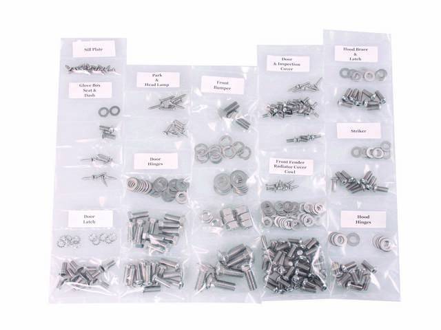 FASTENER KIT, Cab, polished stainless steel, features button head allen bolts, (318) incl fasteners for cowl, fender and radiator cover, door and inspection cover, door hinge, door latch, front bumper, glove box, headlight and park light, hood brace and l