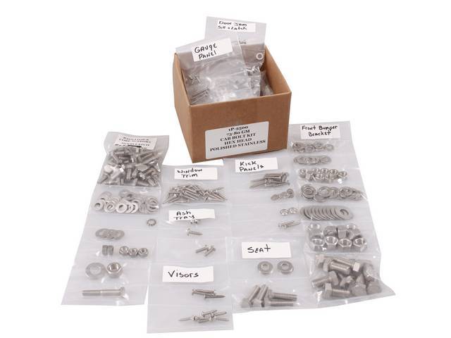 FASTENER KIT, Cab, polished stainless steel, features hex head bolts, (530) incl fasteners for arm rest, ash tray, battery box, door hinges, door jamb sill and latch, door sill and panels, front bumper, front bumper bracket, gauge panel, glove box, grille