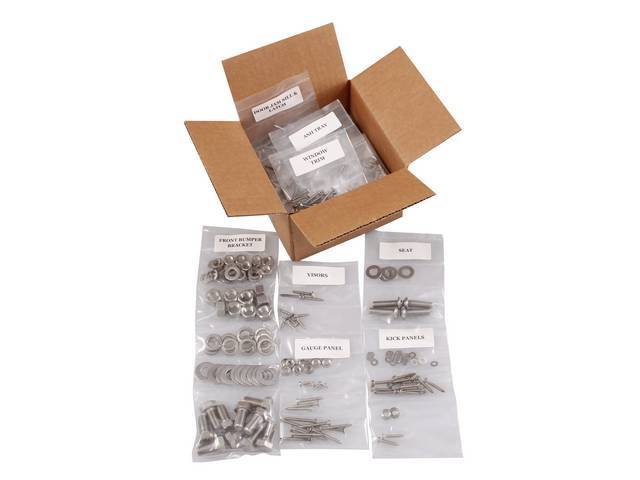 FASTENER KIT, Cab, polished stainless steel, features button head bolts, (530) incl fasteners for arm rest, ash tray, battery box, door hinges, door jamb sill and latch, door sill and panels, front bumper, front bumper bracket, gauge panel, glove box, gri