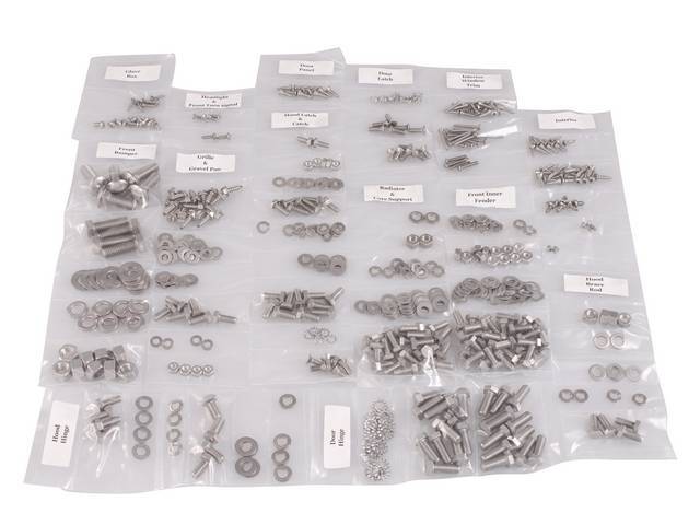 FASTENER KIT, Cab, polished stainless steel, features hex head bolts, (521) incl fasteners for door hinge, door latch, door panel, front bumper, glove box, grille and gravel pan, headlight and front turn signal, hood brace rod, hood hinge, hood latch and 