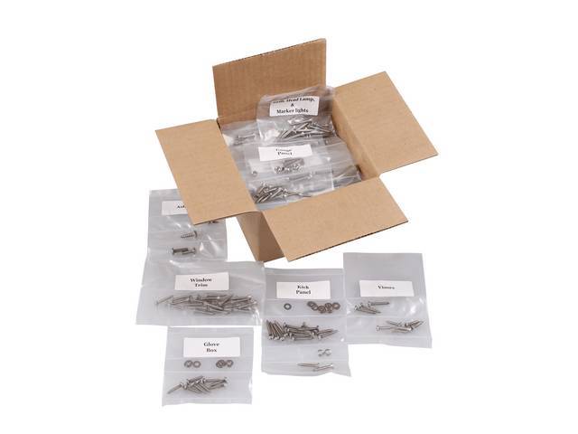 FASTENER KIT, Cab, unpolished stainless steel, features button head bolts, (530) incl fasteners for arm rest, ash tray, battery box, door hinges, door jamb sill and latch, door sill and panels, front bumper, front bumper bracket, gauge panel, glove box, g