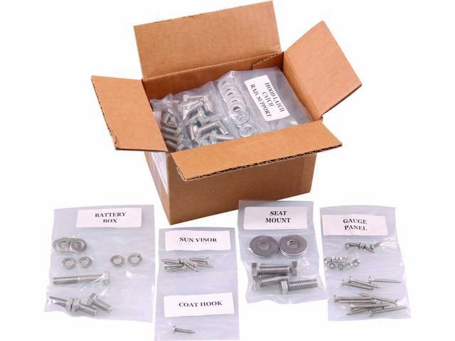 FASTENER KIT, Cab, polished stainless steel, features hex head bolts, (446) incl fasteners for battery box, coat hook, cowl, door hinge, dash pad, dash bottom and glove box, door jamb, door panel, fenders, front bumper, gauge panel, grille and lights, hoo