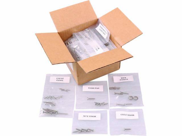 FASTENER KIT, Cab, polished stainless steel, features button head bolts, (446) incl fasteners for battery box, coat hook, cowl, door hinge, dash pad, dash bottom and glove box, door jamb, door panel, fenders, front bumper, gauge panel, grille and lights, 