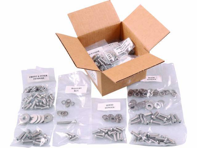 FASTENER KIT, Cab, unpolished stainless steel, features button head bolts, (446) incl fasteners for battery box, coat hook, cowl, door hinge, dash pad, dash bottom and glove box, door jamb, door panel, fenders, front bumper, gauge panel, grille and lights