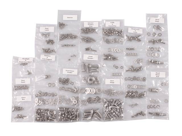 FASTENER KIT, Cab, unpolished stainless steel, features hex head bolts, (521) incl fasteners for door hinge, door latch, door panel, front bumper, glove box, grille and gravel pan, headlight and front turn signal, hood brace rod, hood hinge, hood latch an