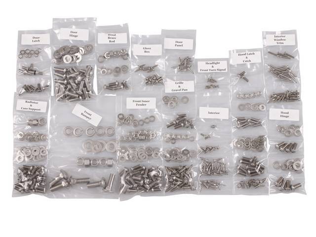 FASTENER KIT, Cab, unpolished stainless steel, features button head allen bolts, (521) incl fasteners for door hinge, door latch, door panel, front bumper, glove box, grille and gravel pan, headlight and front turn signal, hood brace rod, hood hinge, hood