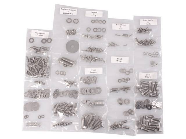 FASTENER KIT, Cab, polished stainless steel, features hex head bolts, (322) incl fasteners for door hinge, door latch and catch, firewall and cowl, front bumper, headlight and lens, hood hinge, hood latch, inner fenders and radiator core support