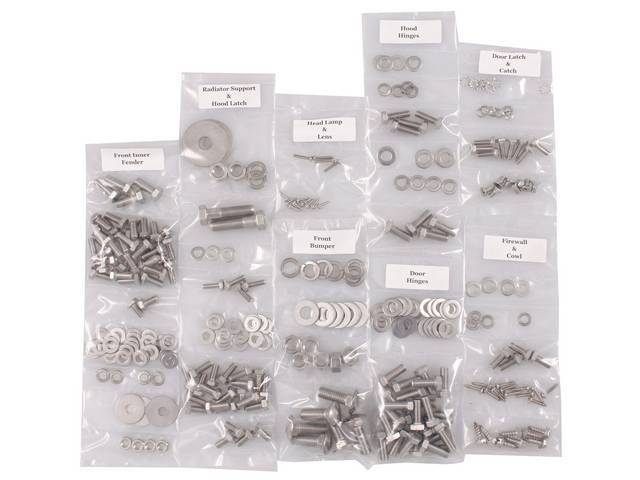 FASTENER KIT, Cab, unpolished stainless steel, features hex head bolts, (322) incl fasteners for door hinge, door latch and catch, firewall and cowl, front bumper, headlight and lens, hood hinge, hood latch, inner fenders and radiator core support