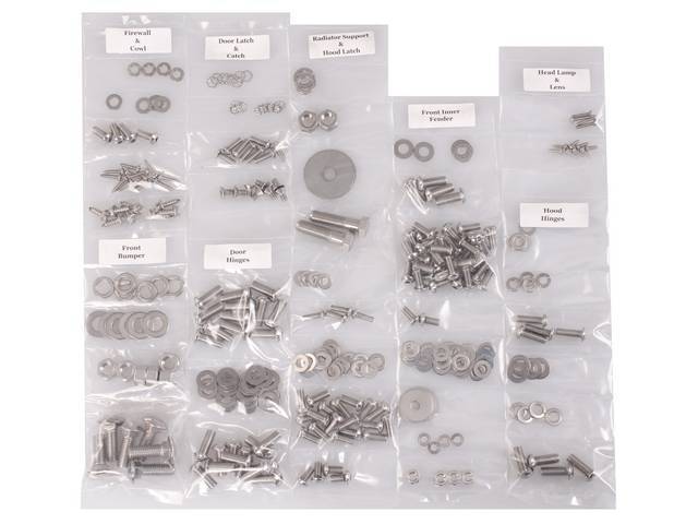 FASTENER KIT, Cab, polished stainless steel, features button head allen bolts, (322) incl fasteners for door hinge, door latch and catch, firewall and cowl, front bumper, headlight and lens, hood hinge, hood latch, inner fenders and radiator core support