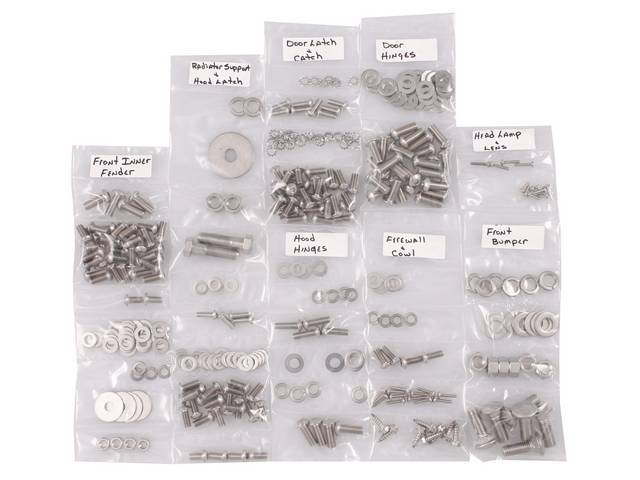 FASTENER KIT, Cab, unpolished stainless steel, features button head allen bolts, (322) incl fasteners for door hinge, door latch and catch, firewall and cowl, front bumper, headlight and lens, hood hinge, hood latch, inner fenders and radiator core suppor