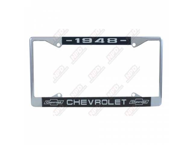 FRAME, License Plate, chrome frame w/ *1948* at the top, the *CHEVROLET* text and *Bowtie* logo at the bottom in white lettering on a dark blue background