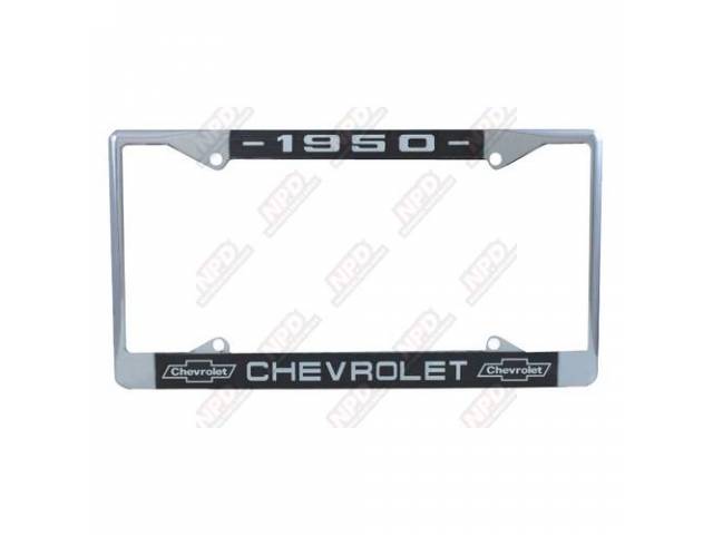 FRAME, License Plate, chrome frame w/ *1950* at the top, the *CHEVROLET* text and *Bowtie* logo at the bottom in white lettering on a dark blue background