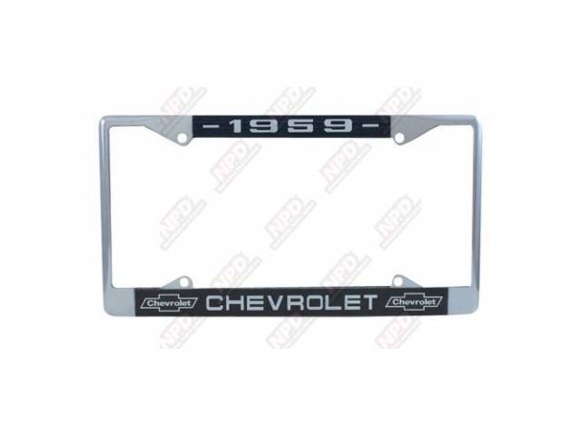 FRAME, License Plate, chrome frame w/ *1959* at the top, the *CHEVROLET* text and *Bowtie* logo at the bottom in white lettering on a dark blue background