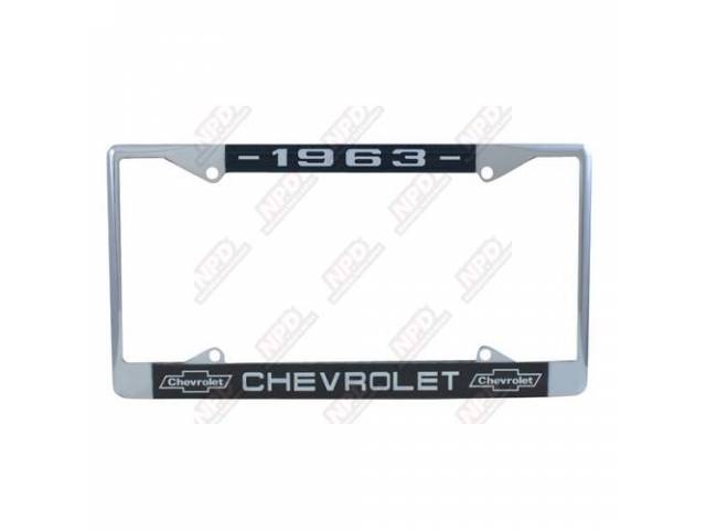 FRAME, License Plate, chrome frame w/ *1963* at the top, the *CHEVROLET* text and *Bowtie* logo at the bottom in white lettering on a dark blue background