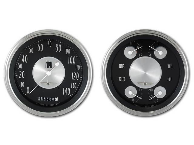 GAUGE KIT, Classic Instruments, All American Tradition Series (gauge has white pointer w/ silver markings on a black / silver face), incl 4 5/8 inch o.d. speedometer and quad gauge w/ fuel, oil, temperature, volts