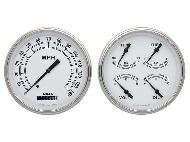 GAUGE KIT, Classic Instruments, Classic White Series (gauge has black pointer w/ black markings on a white face), incl 4 5/8 inch o.d. speedometer and quad gauge w/ fuel, oil, temperature, volts