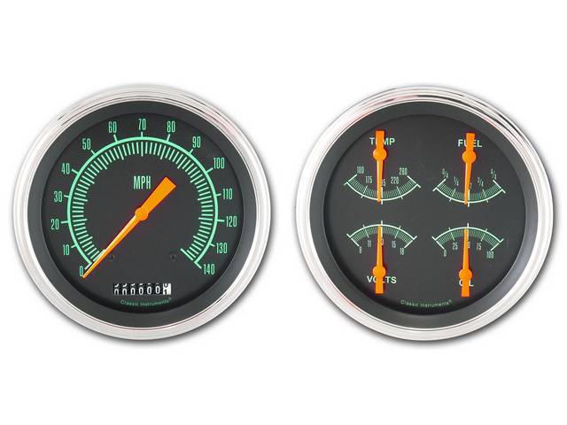GAUGE KIT, Classic Instruments, G-Stock Series (gauge has orange pointer w/ green markings on a dark gray face), incl 4 5/8 inch o.d. speedometer and quad gauge w/ fuel, oil, temperature, volts